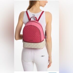 NWT Michael Kors Rhea Women Medium Color-Block Logo Zip Backpack DarkRaspberry